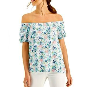Women's S NWT 100% Cotton Floral Off-Shoulder Short Sleeve Top New Petite